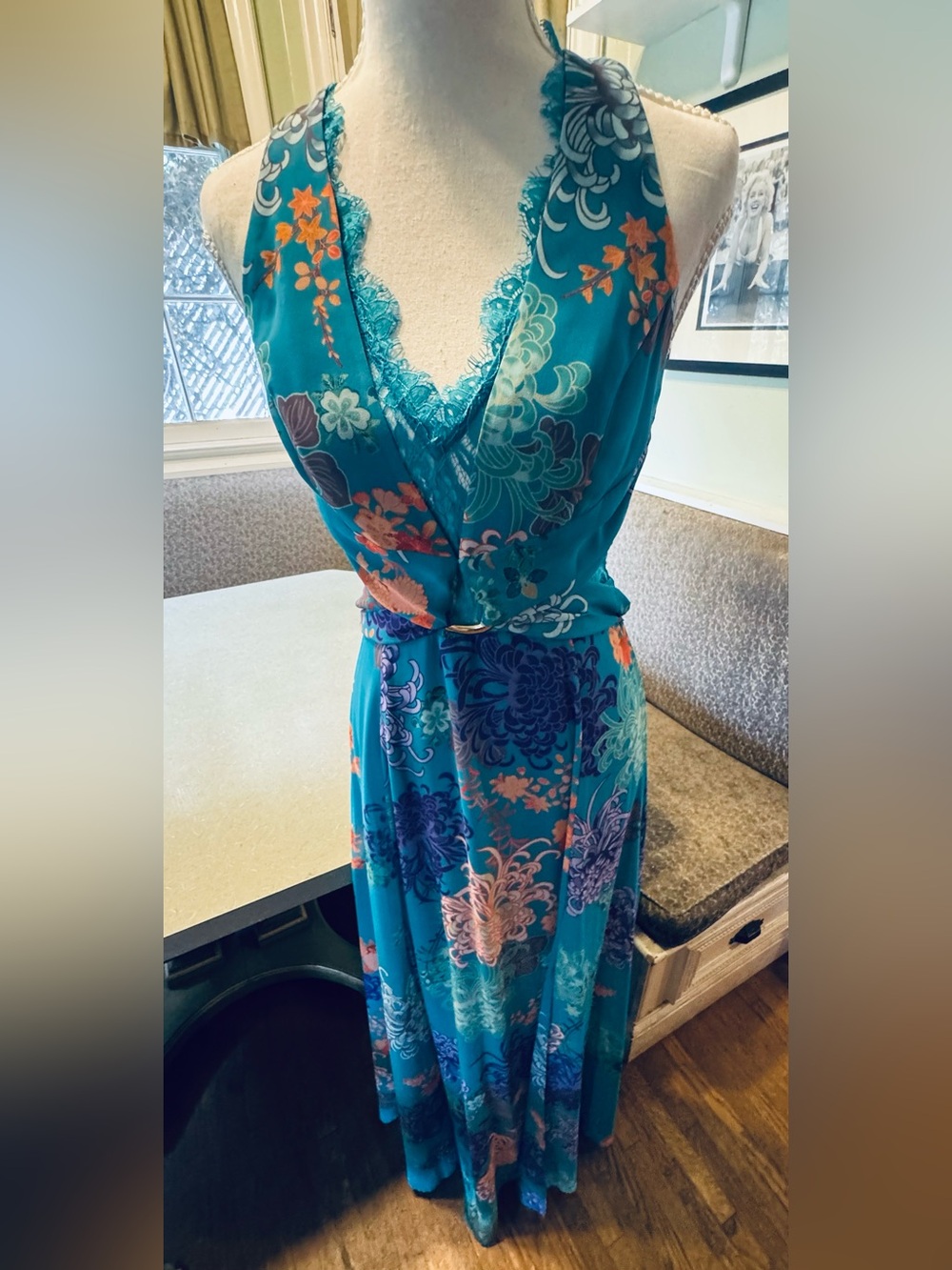Marciano Guess Teal Floral Lace Maxi Dress Size S 6